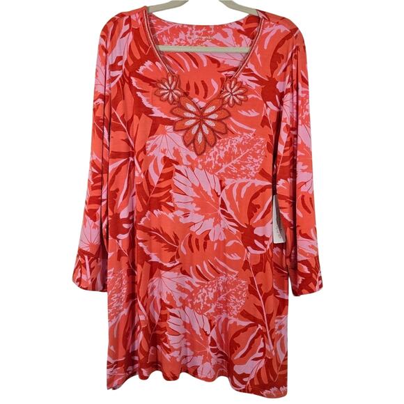 MF Soft Surroundings Floral Orange Pink Del Rio Tunic Top NWT Size XL 18 Beaded - Picture 1 of 13